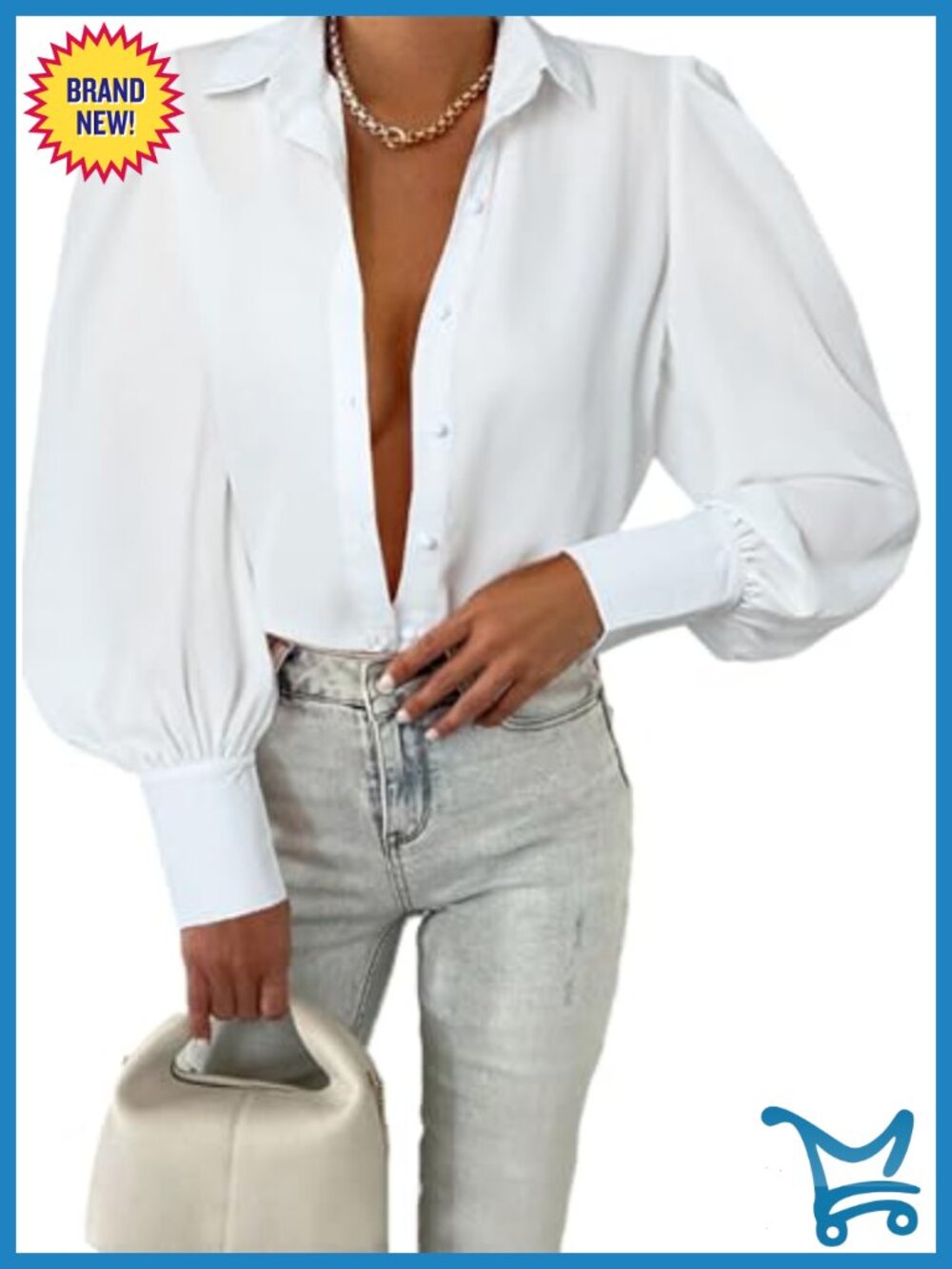 Women's Button Down Blouse Long Puff Sleeve V-Neck Fitted Work Top